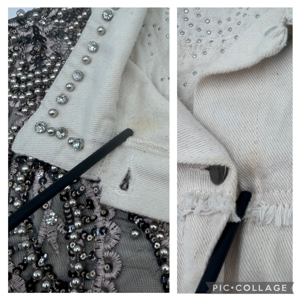 POL Embellished Denim Vest Cream Size S Oversized Beaded Studded Trucker Jacket - Picture 7 of 13